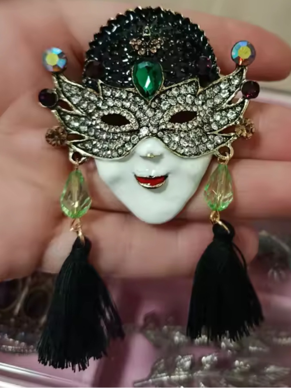 Anthropologie Crystal Masquerade Mask Brooch - Black, White & Green - Picture 4 of 9